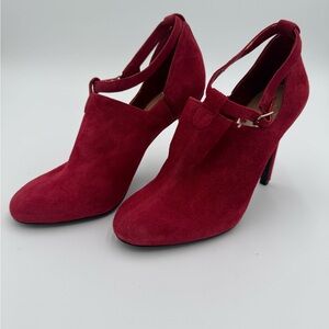 Jessica Simpson Red Suede Heels | Mid 2010s High Heel Ankle Strap Booties Size 7